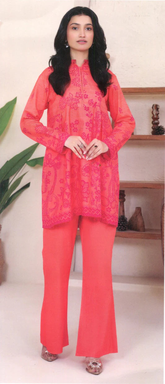 Printed Khaddar 2-Piece Unstitched Suit – Coral Pink