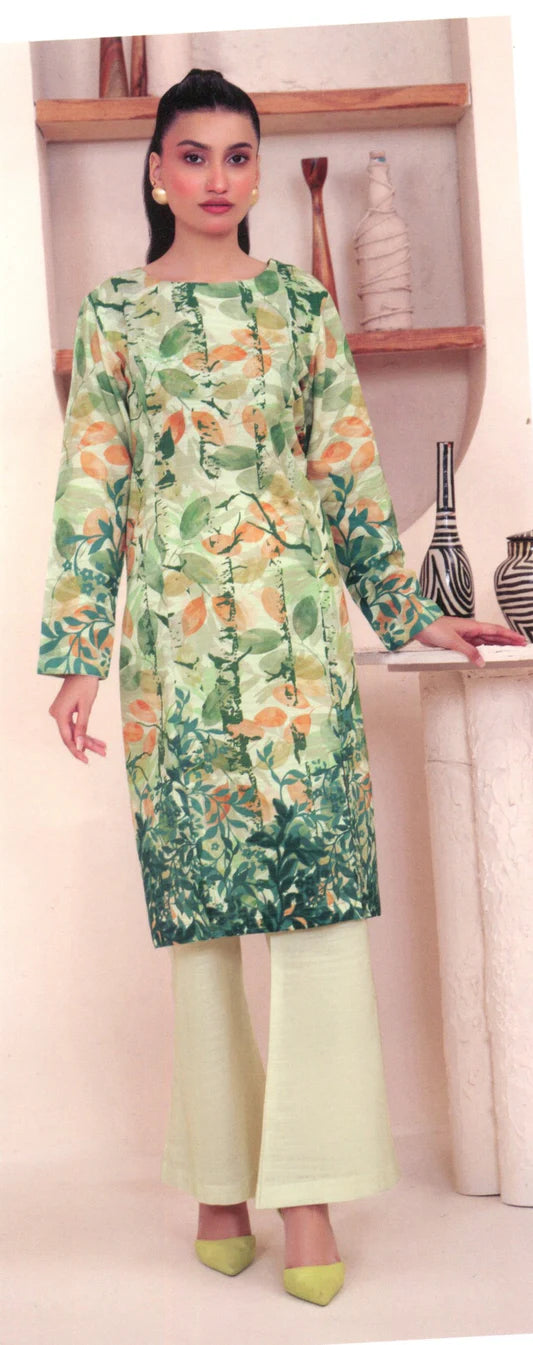 Printed Khaddar 2-Piece Unstitched Suit – Leaf Green & Peach