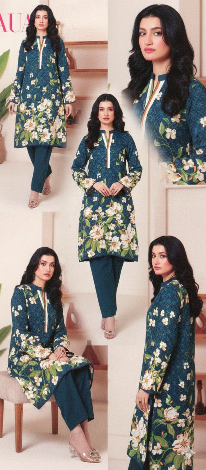 2 Piece Khaddar Suit – Teal Floral Print