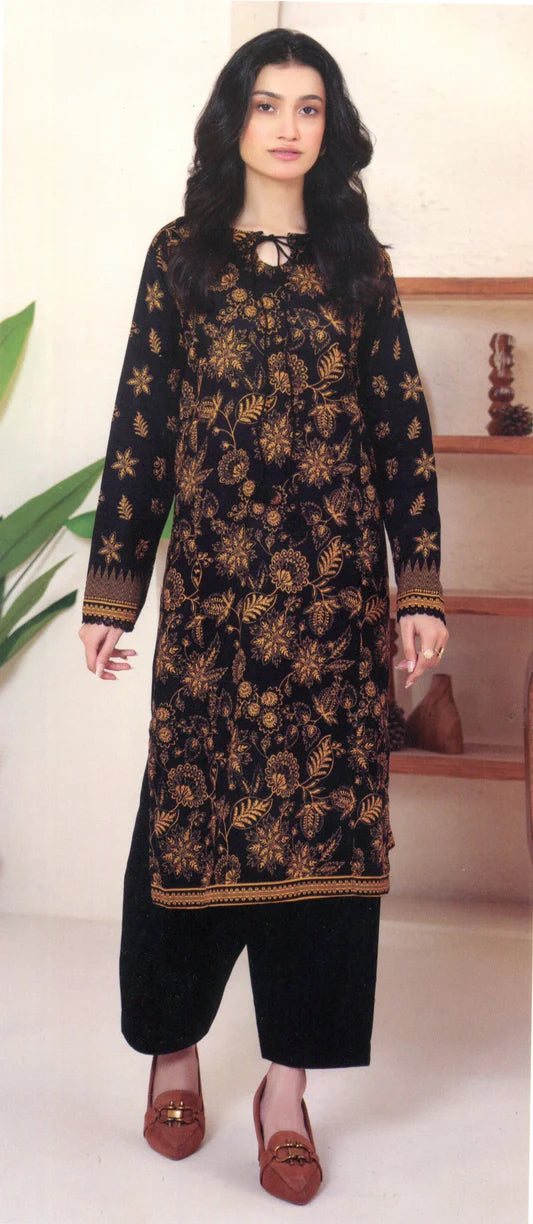Printed Khaddar 2-Piece Unstitched Suit – Black & Mustard Floral