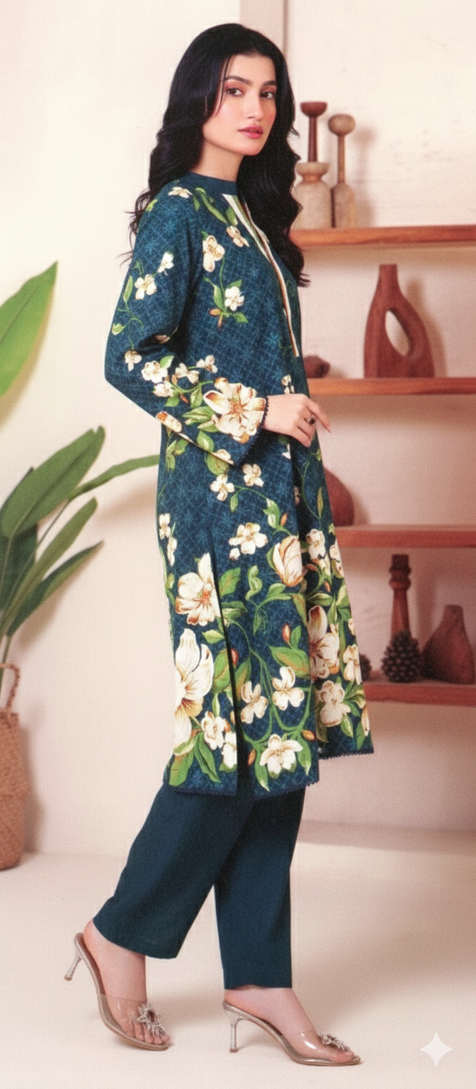 2 Piece Khaddar Suit – Teal Floral Print