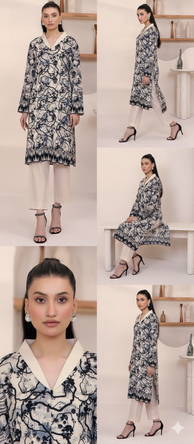 🖤 Black & Grey Abstract Print Khaddar – 2 Piece Winter Suit