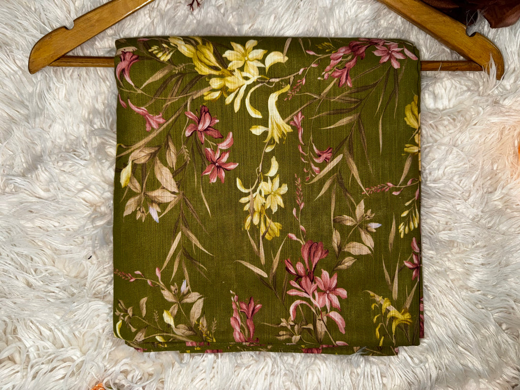 Printed Khaddar 2-Piece Suit – Olive Green Floral Design