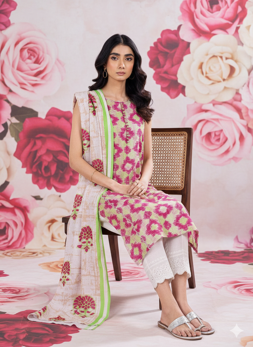 Alkaram Khaddar 3-Piece Printed Suit – Green & Pink