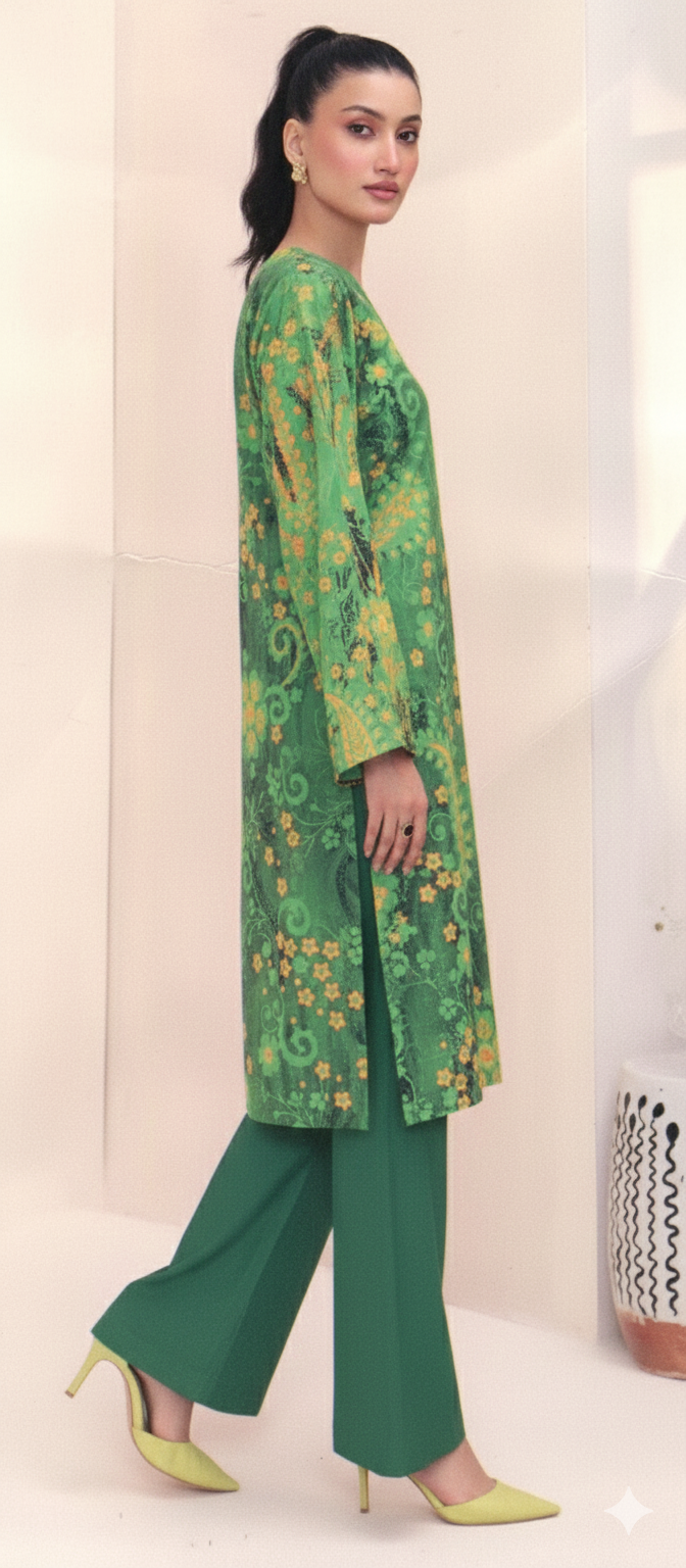 2-Piece Printed Khaddar Suit – Emerald Green & Mustard