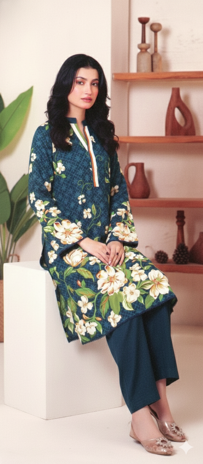 2 Piece Khaddar Suit – Teal Floral Print