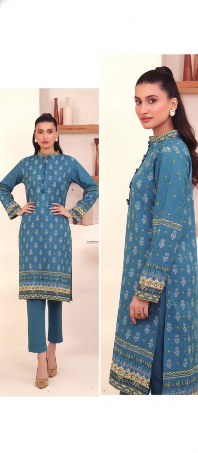 Printed Khaddar 2-Piece Unstitched Suit – Teal Blue