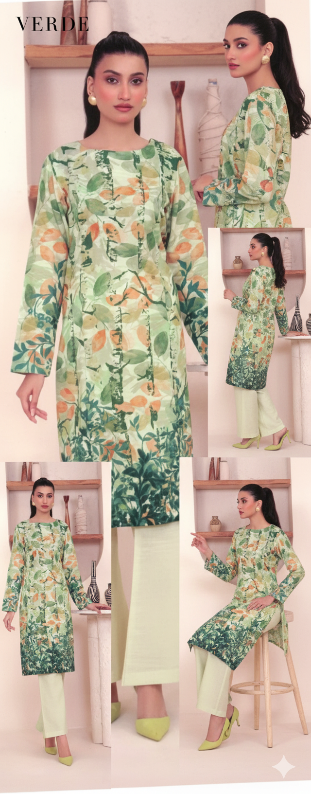 Printed Khaddar 2-Piece Unstitched Suit – Leaf Green & Peach