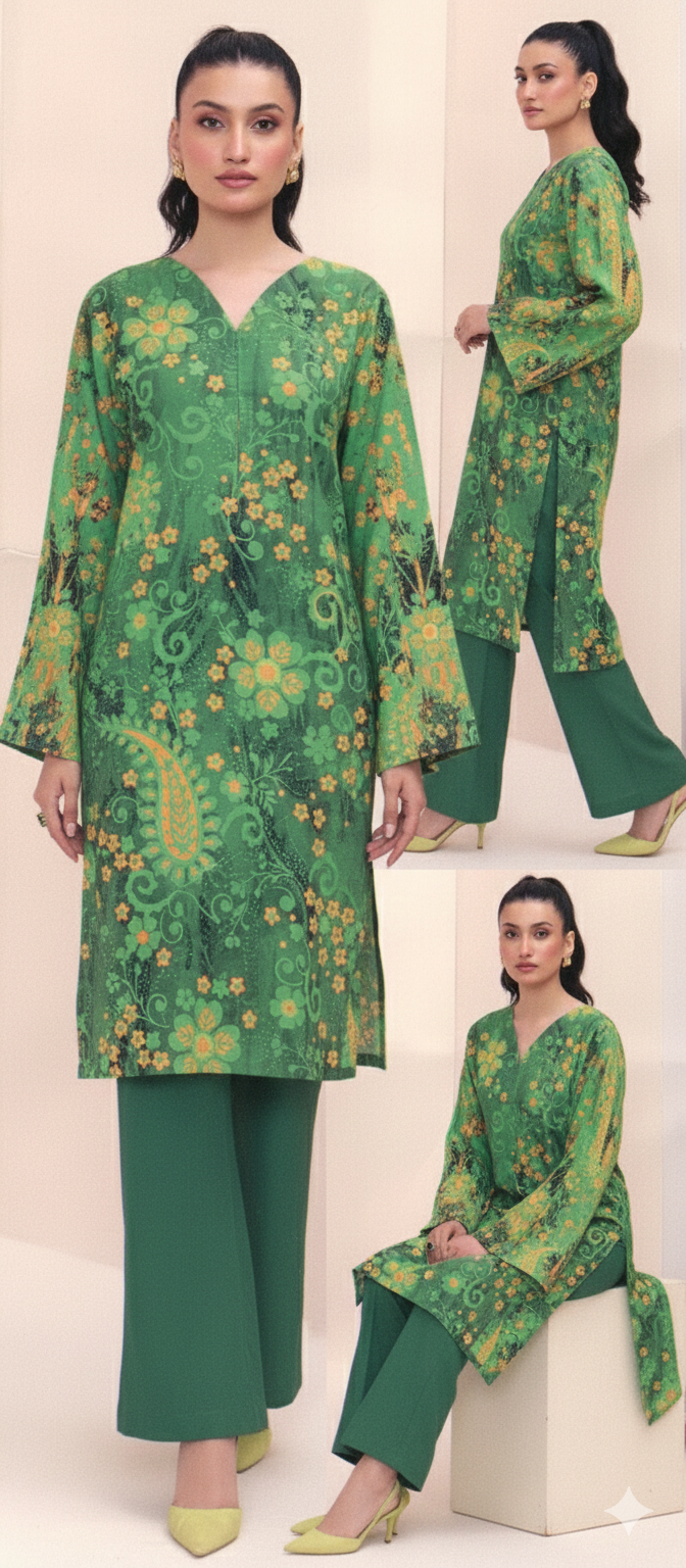 2-Piece Printed Khaddar Suit – Emerald Green & Mustard