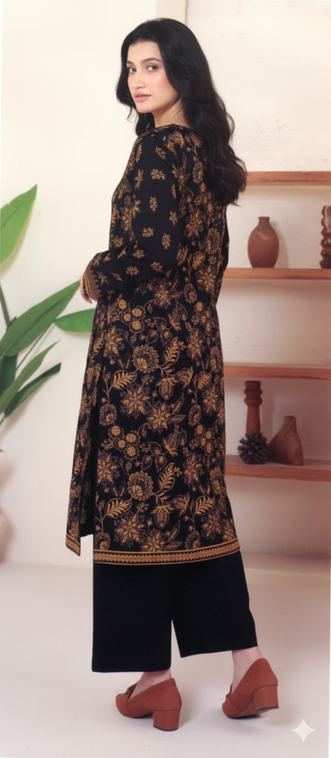 Printed Khaddar 2-Piece Unstitched Suit – Black & Mustard Floral