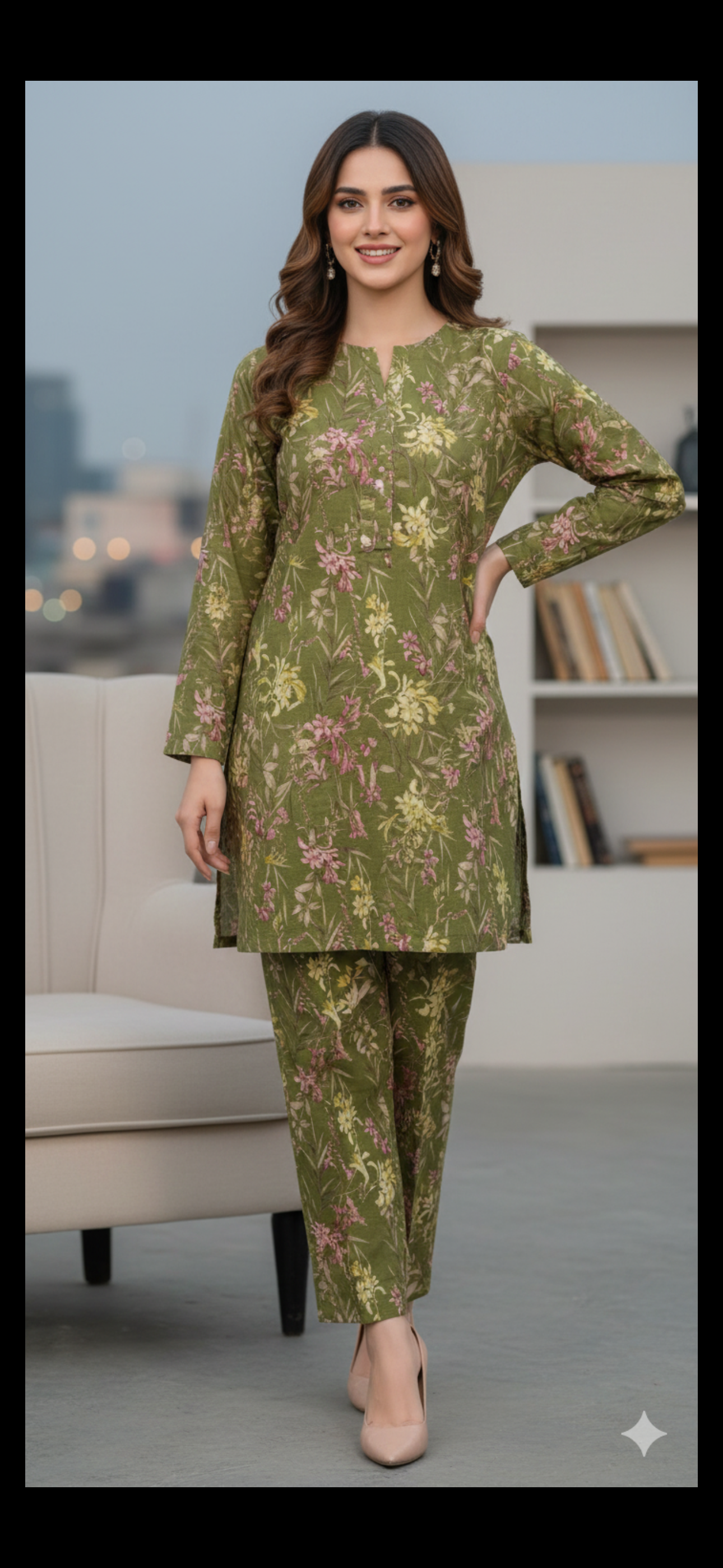 Printed Khaddar 2-Piece Suit – Olive Green Floral Design