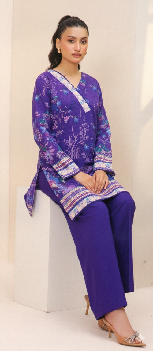 2 Piece Khaddar Suit – Purple Floral Print