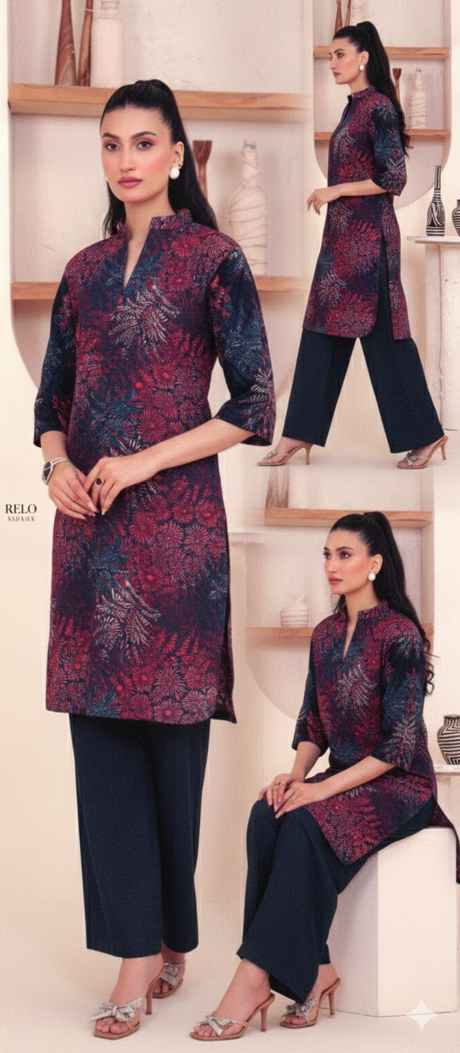 Printed Khaddar 2-Piece Unstitched Suit – Maroon & Navy Blue