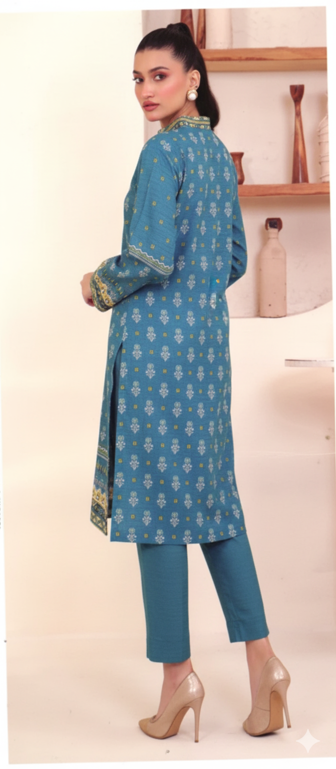 Printed Khaddar 2-Piece Unstitched Suit – Teal Blue