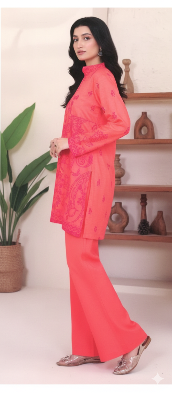Printed Khaddar 2-Piece Unstitched Suit – Coral Pink
