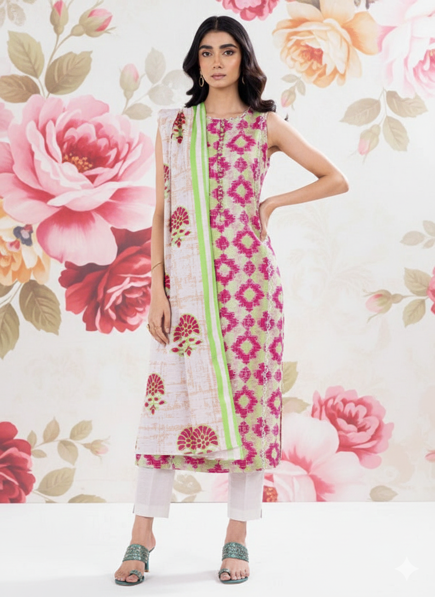 Alkaram Khaddar 3-Piece Printed Suit – Green & Pink