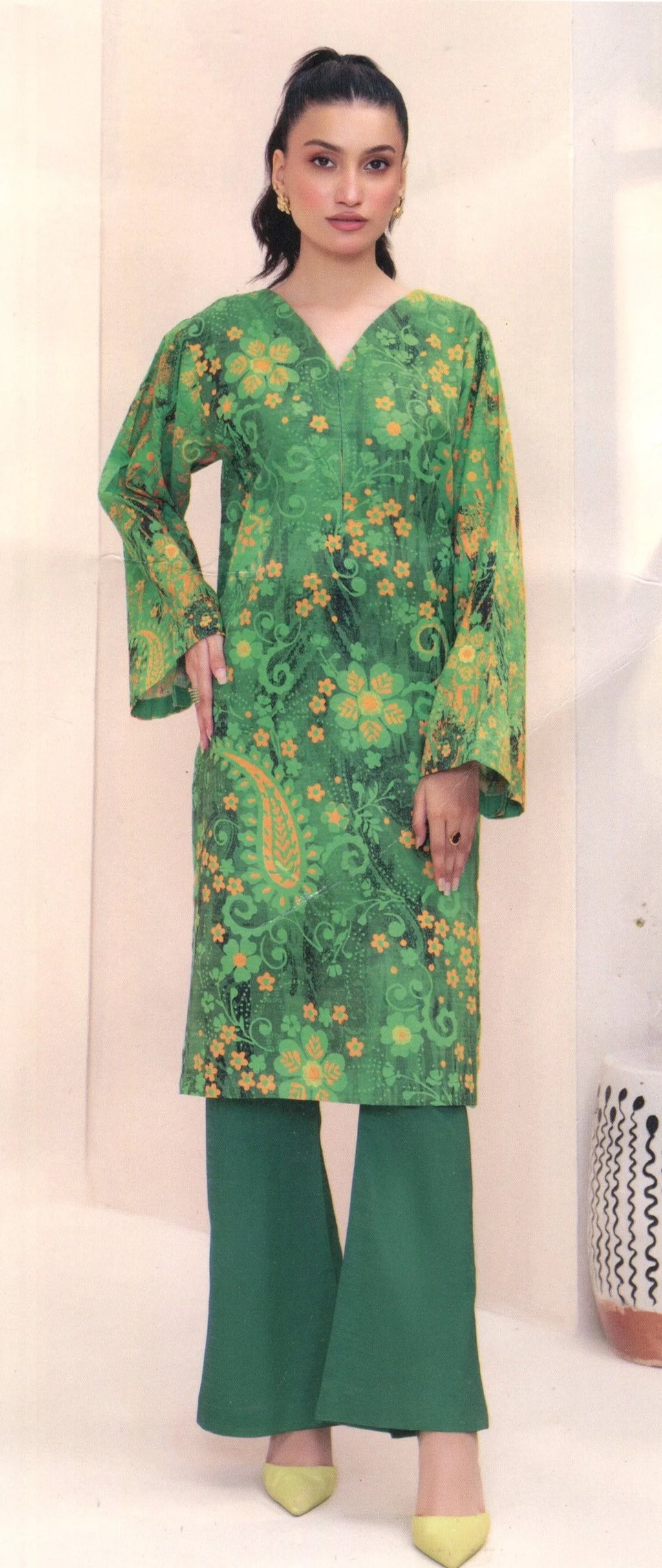 2-Piece Printed Khaddar Suit – Emerald Green & Mustard
