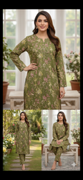 Printed Khaddar 2-Piece Suit – Olive Green Floral Design