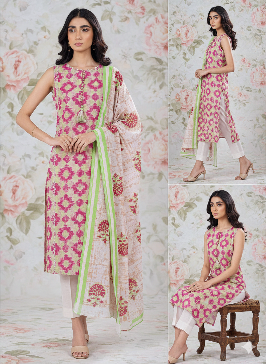 Alkaram Khaddar 3-Piece Printed Suit – Green & Pink