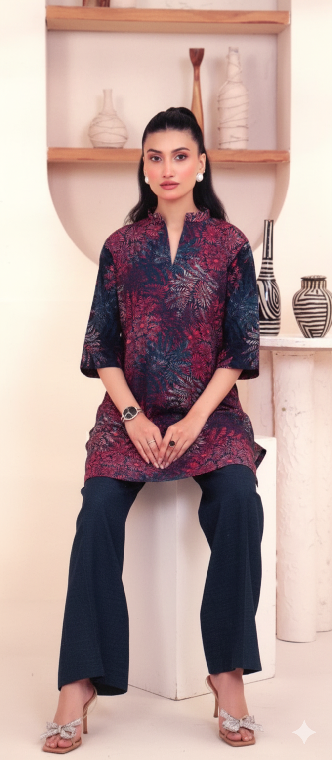 Printed Khaddar 2-Piece Unstitched Suit – Maroon & Navy Blue