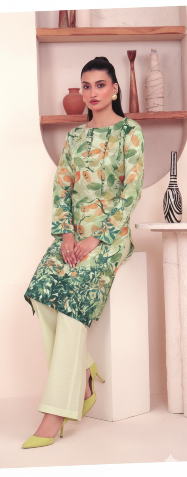 Printed Khaddar 2-Piece Unstitched Suit – Leaf Green & Peach