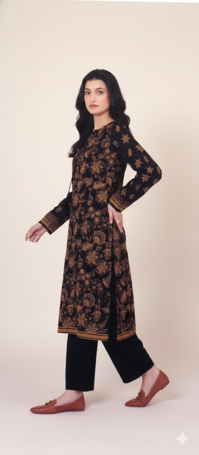 Printed Khaddar 2-Piece Unstitched Suit – Black & Mustard Floral