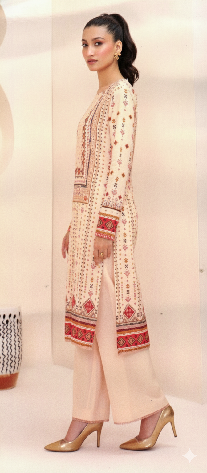 🌸 Ethnic Motif Khaddar – 2 Piece Winter Suit