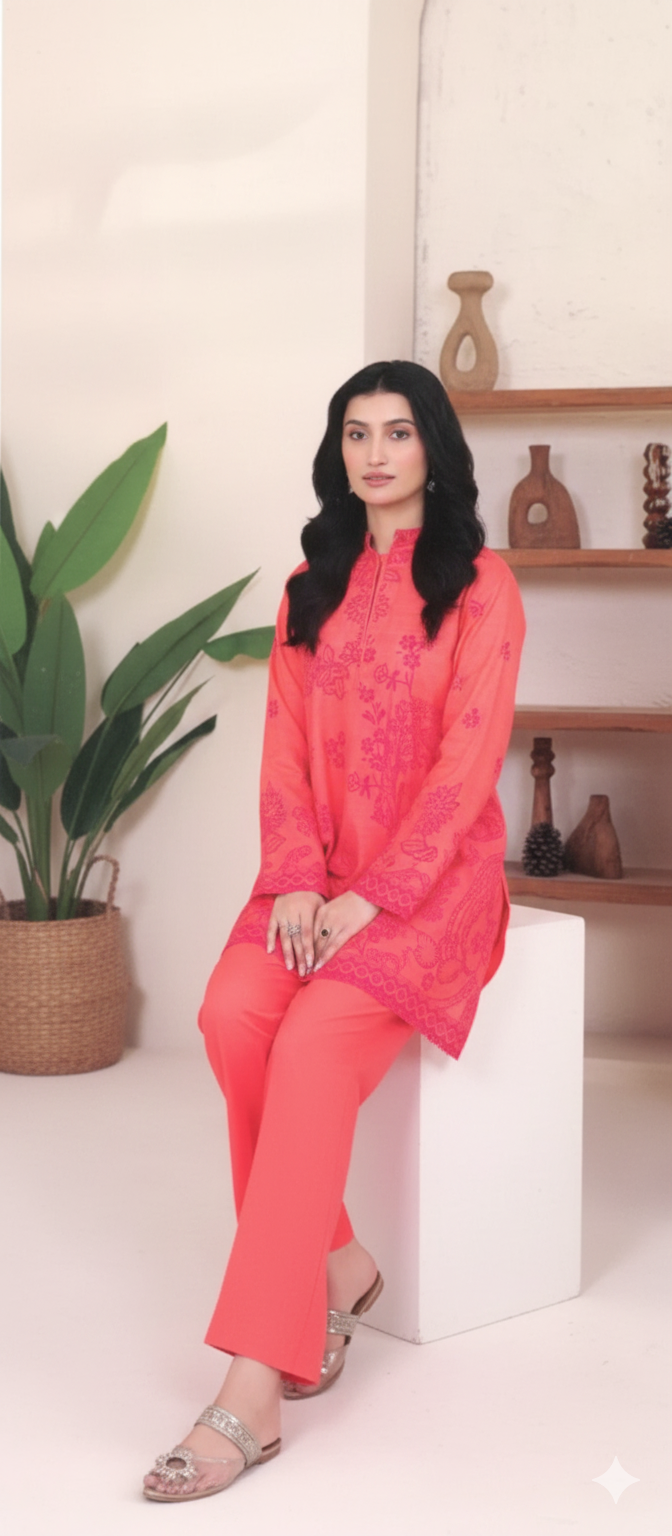 Printed Khaddar 2-Piece Unstitched Suit – Coral Pink