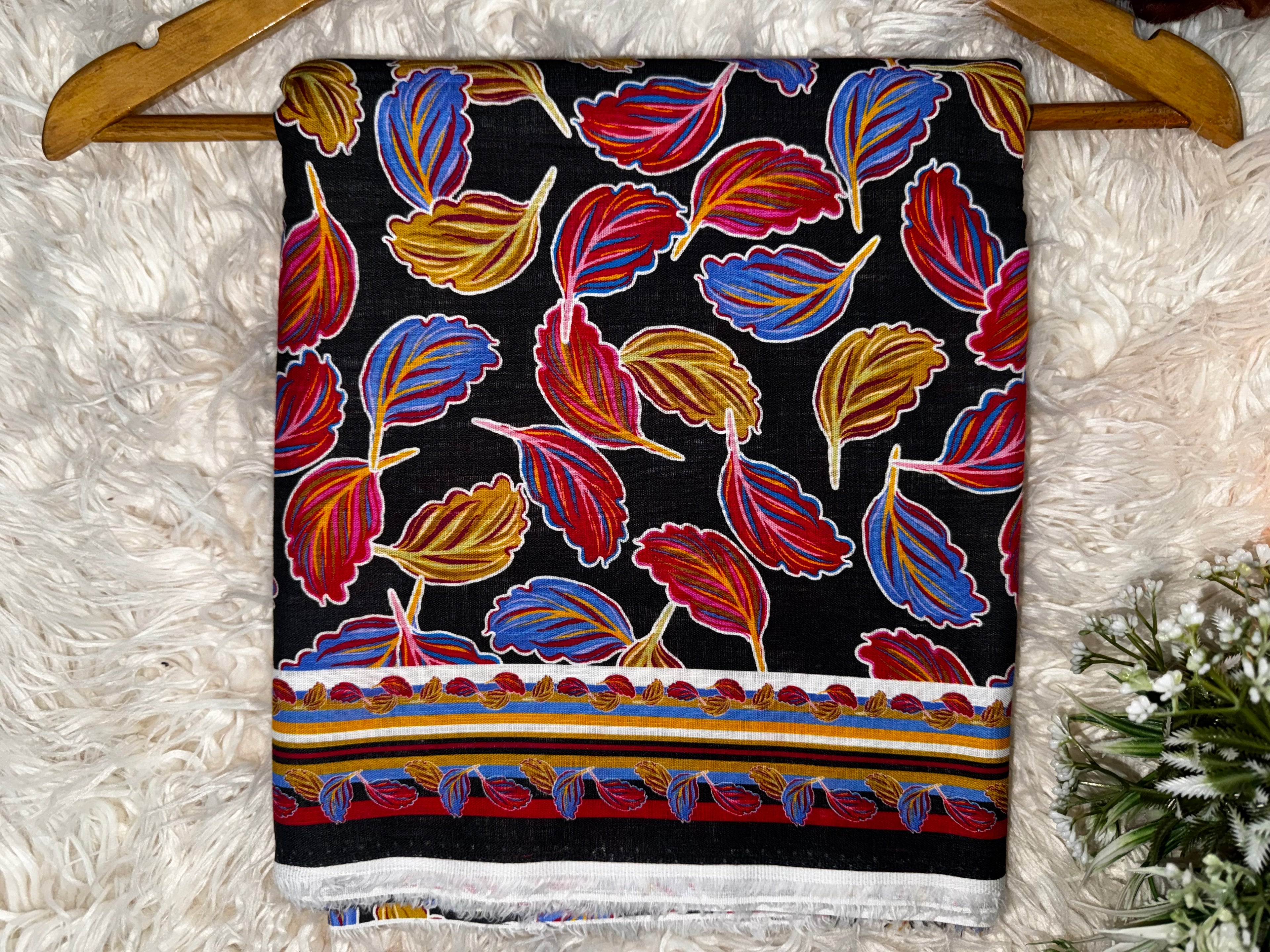 2 Piece Printed Khaddar Suit – Black Leaf Pattern