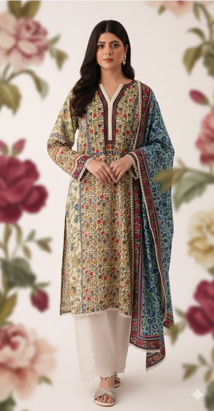 Winter Linen 3-Piece Unstitched Suit – Agha Noor Inspired