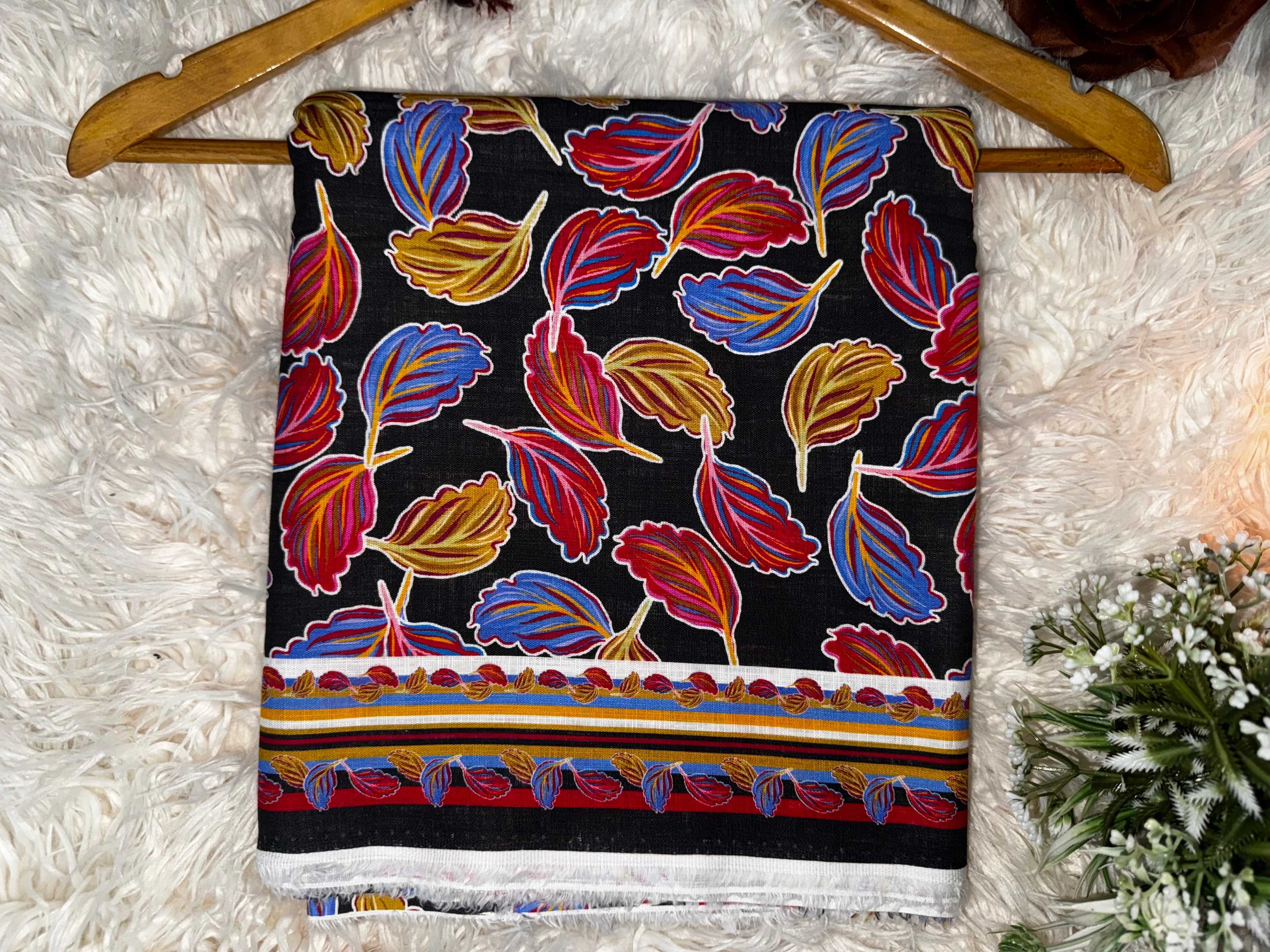 2 Piece Printed Khaddar Suit – Black Leaf Pattern