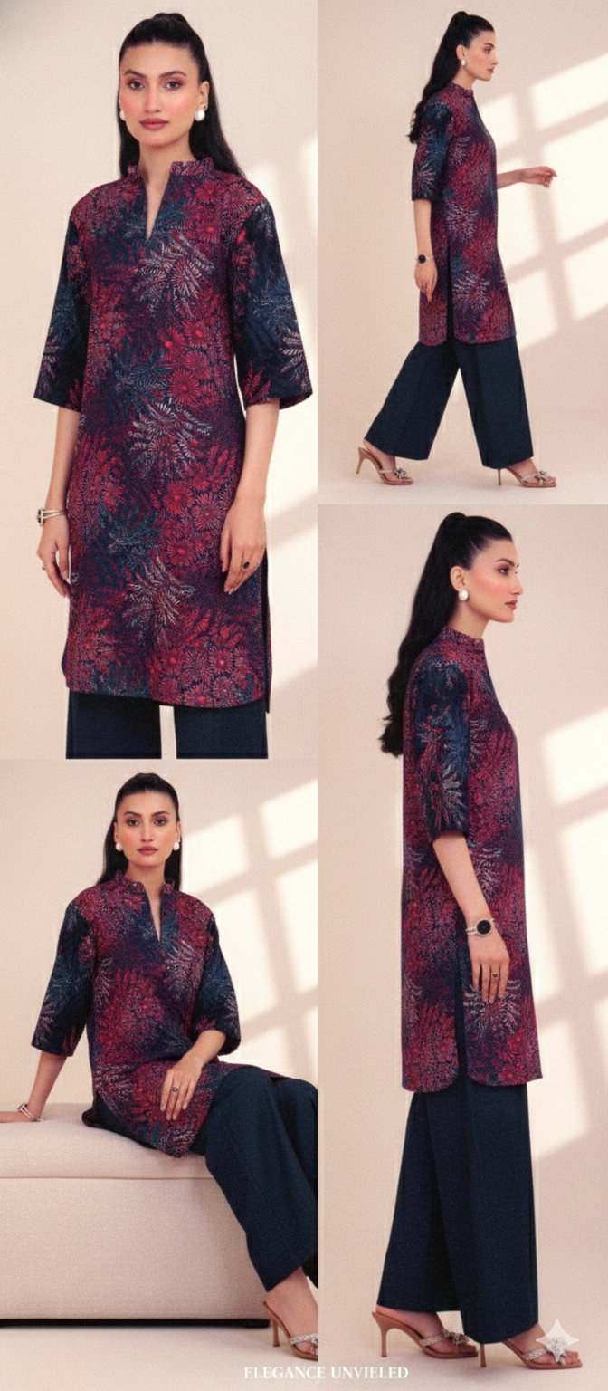 Printed Khaddar 2-Piece Unstitched Suit – Maroon & Navy Blue