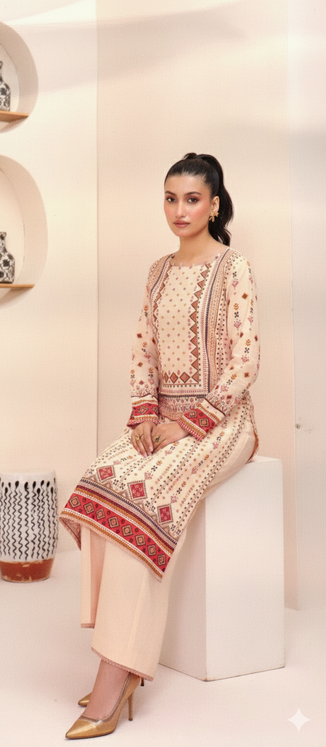 🌸 Ethnic Motif Khaddar – 2 Piece Winter Suit