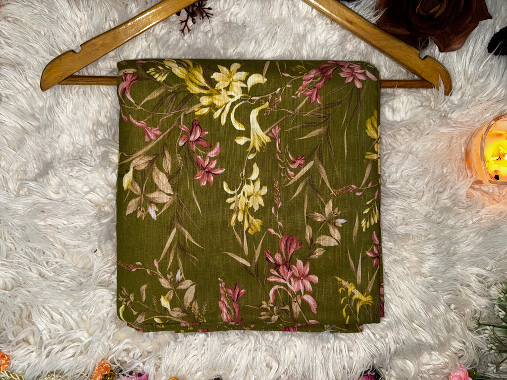 Printed Khaddar 2-Piece Suit – Olive Green Floral Design