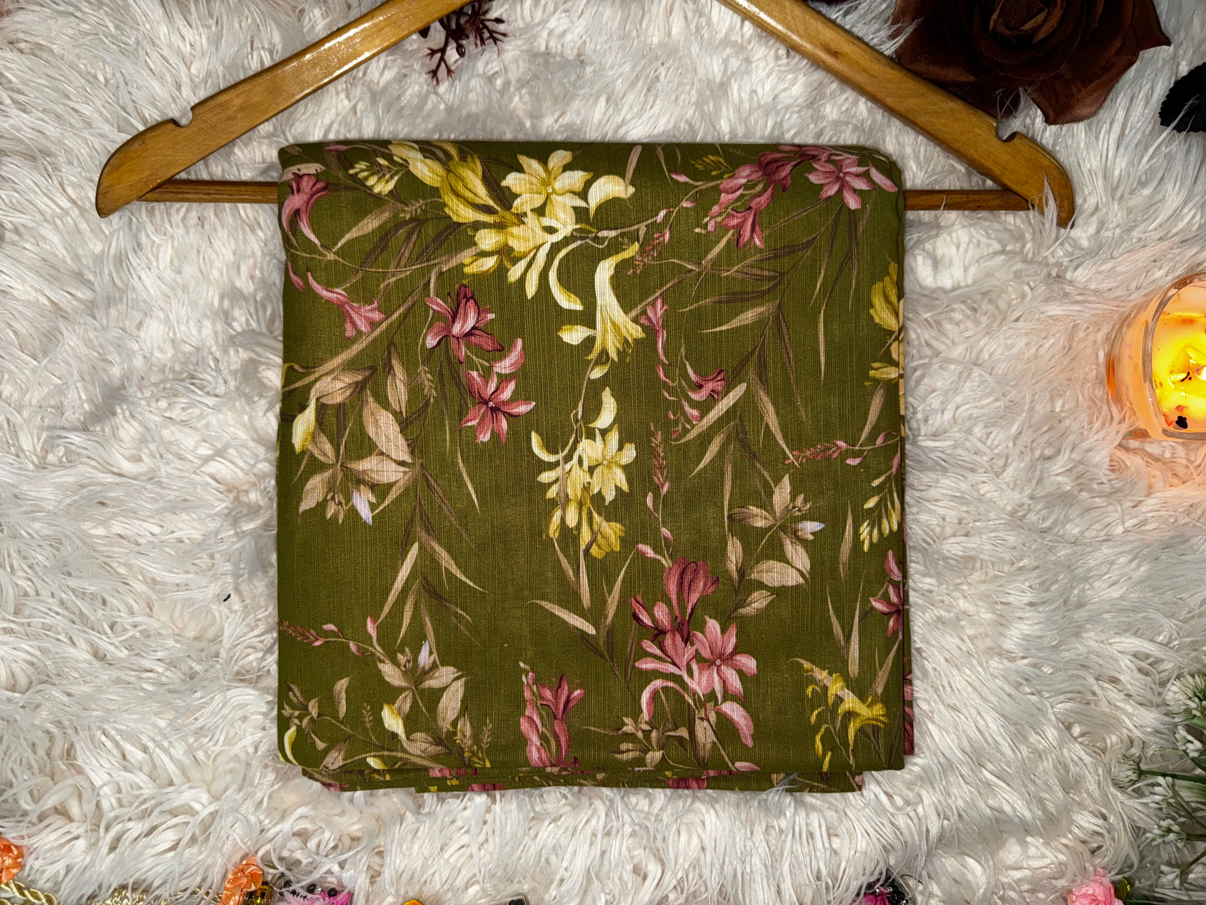 Printed Khaddar 2-Piece Suit – Olive Green Floral Design