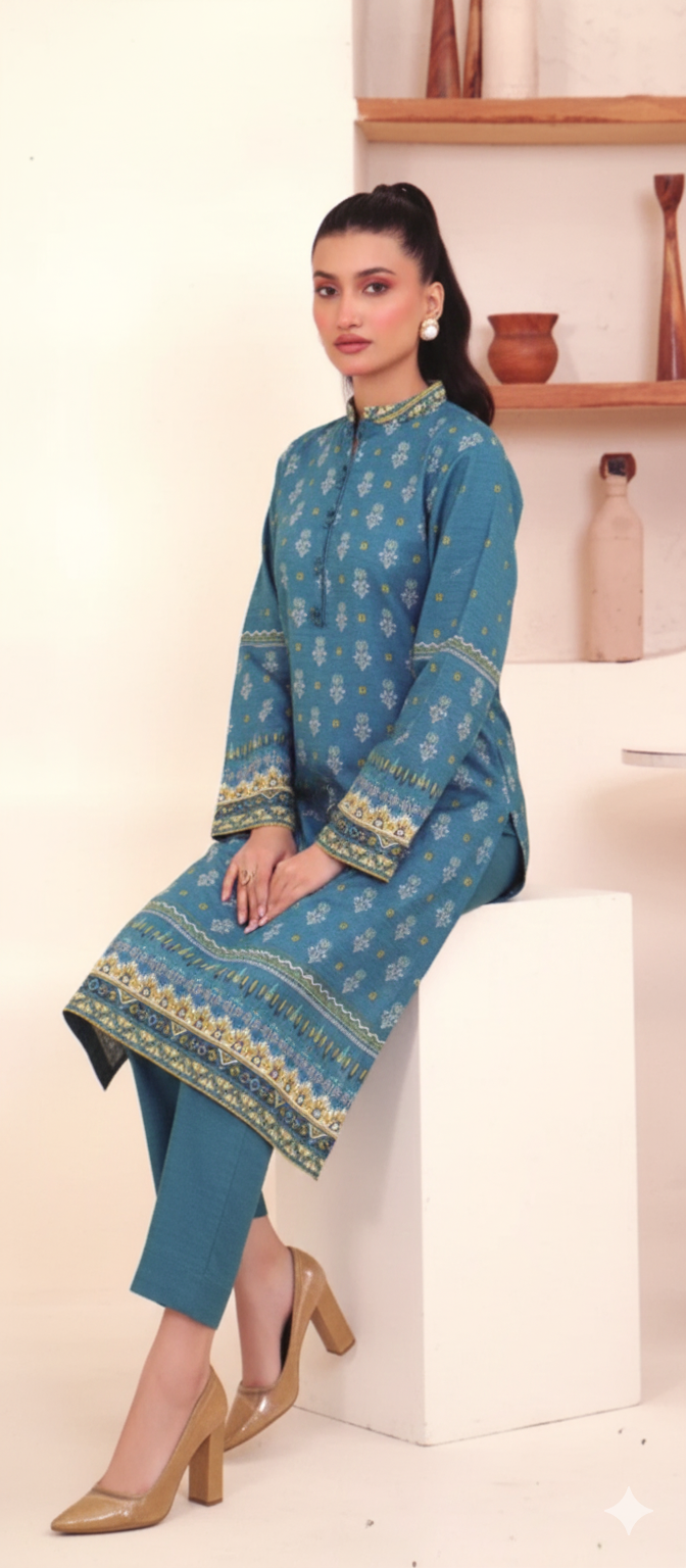 Printed Khaddar 2-Piece Unstitched Suit – Teal Blue