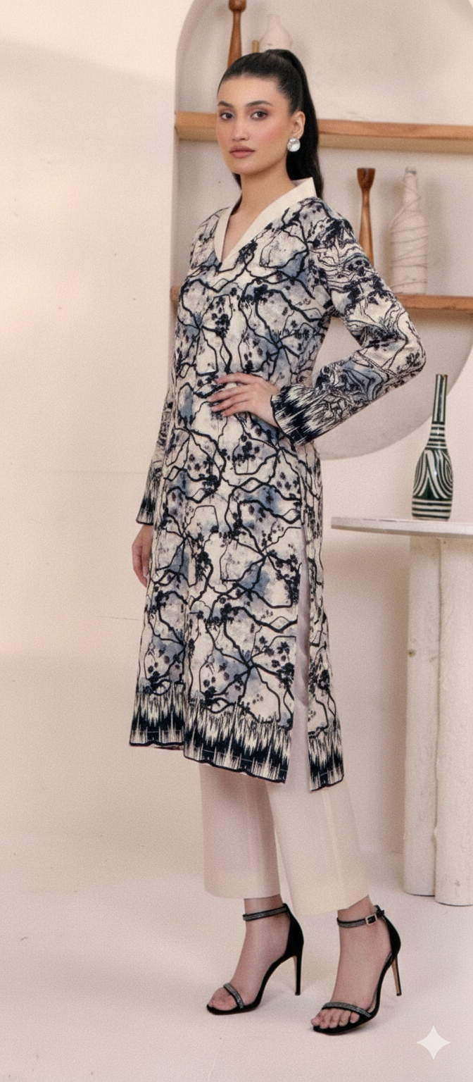 🖤 Black & Grey Abstract Print Khaddar – 2 Piece Winter Suit