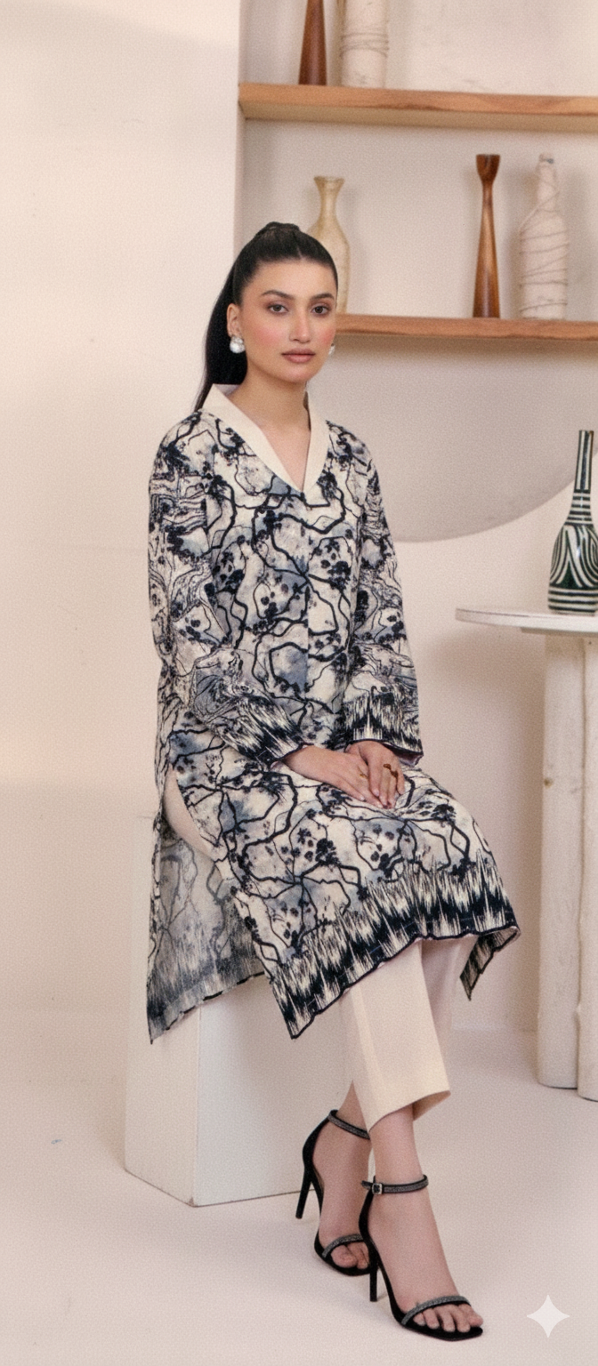 🖤 Black & Grey Abstract Print Khaddar – 2 Piece Winter Suit