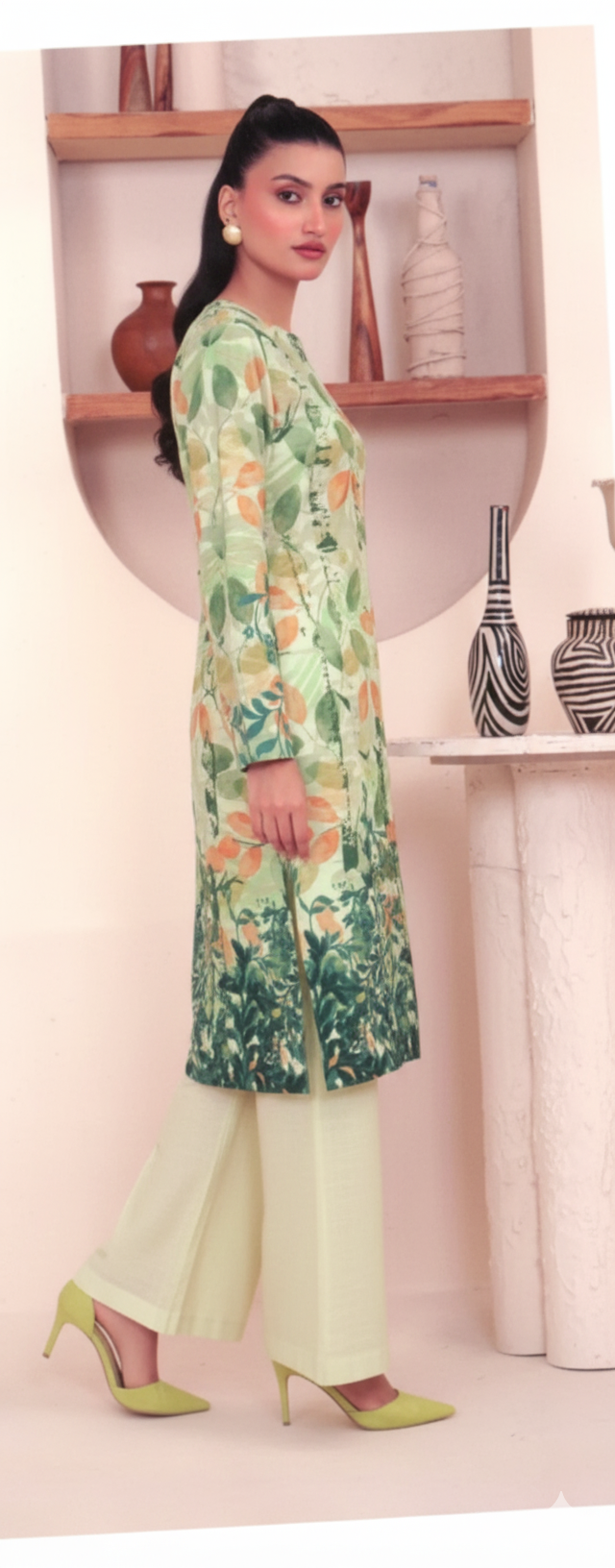 Printed Khaddar 2-Piece Unstitched Suit – Leaf Green & Peach