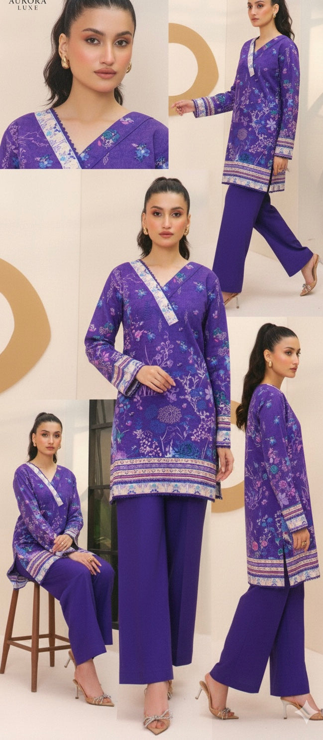 2 Piece Khaddar Suit – Purple Floral Print