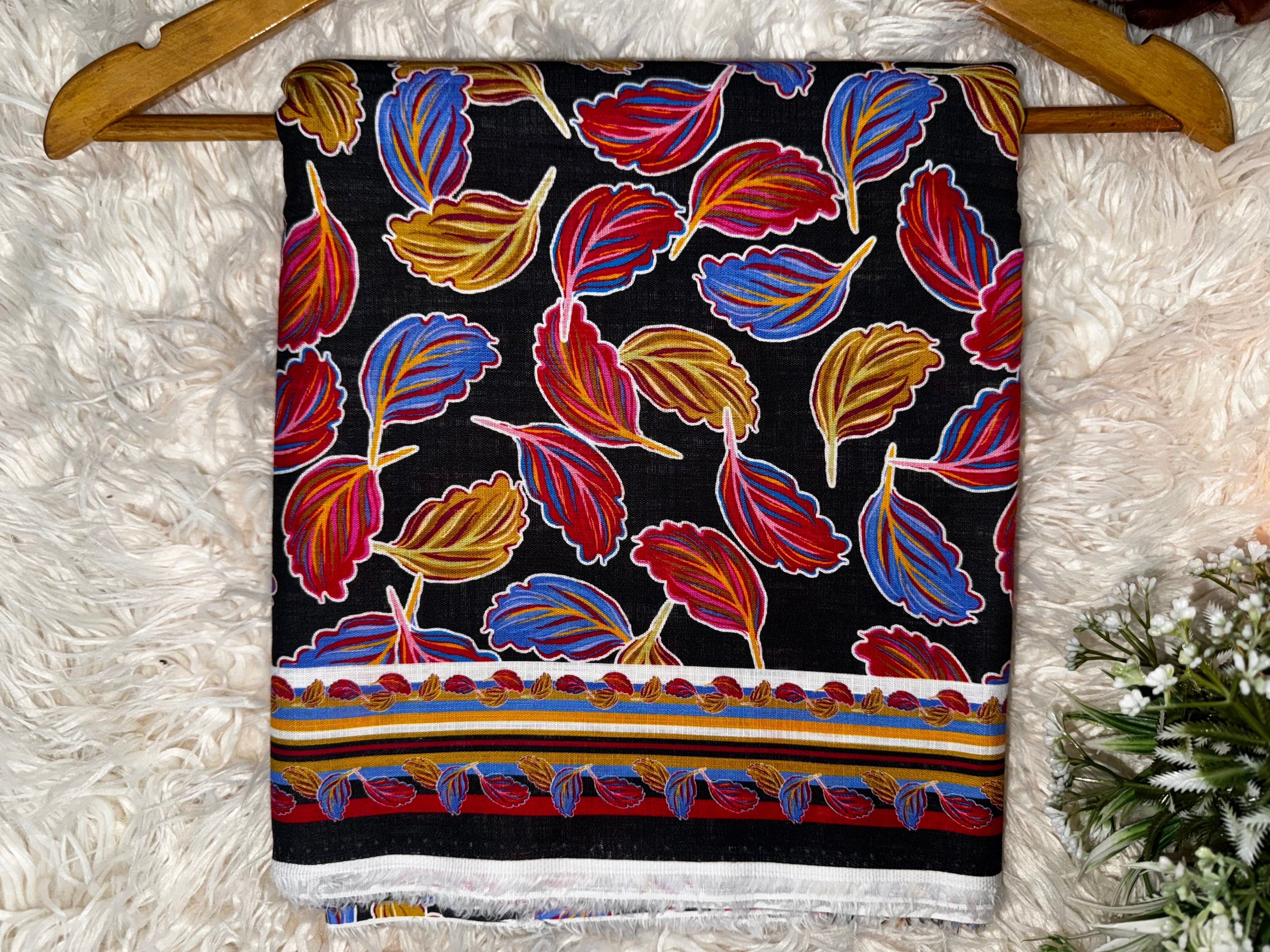 2 Piece Printed Khaddar Suit – Black Leaf Pattern