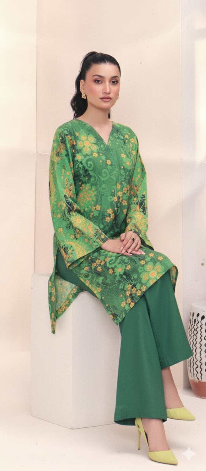 2-Piece Printed Khaddar Suit – Emerald Green & Mustard