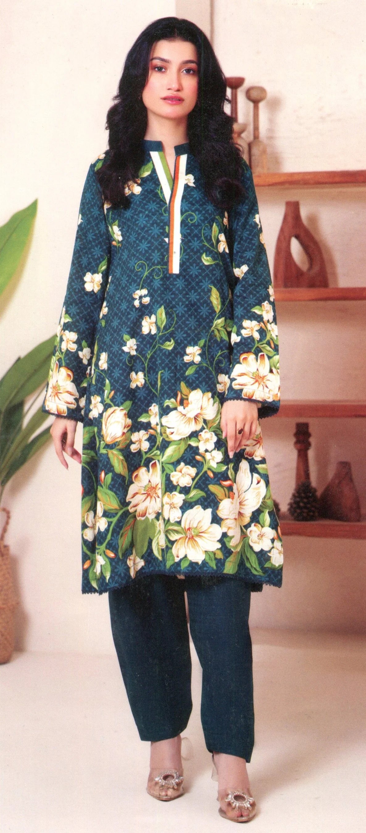 2 Piece Khaddar Suit – Teal Floral Print