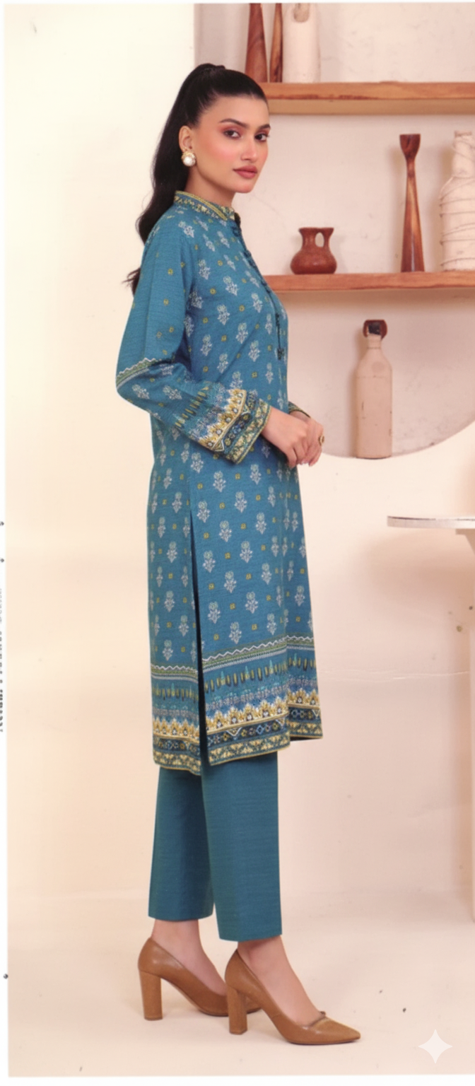 Printed Khaddar 2-Piece Unstitched Suit – Teal Blue