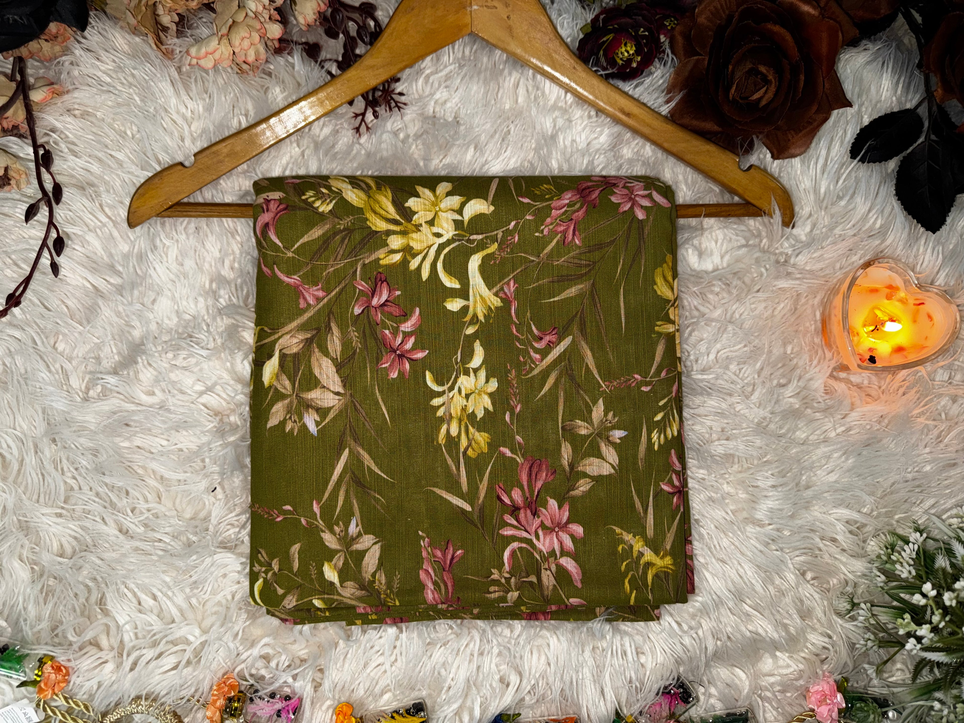 Printed Khaddar 2-Piece Suit – Olive Green Floral Design