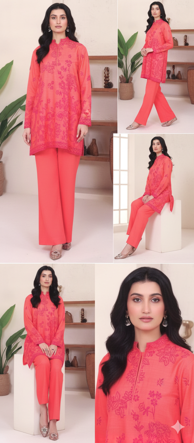 Printed Khaddar 2-Piece Unstitched Suit – Coral Pink