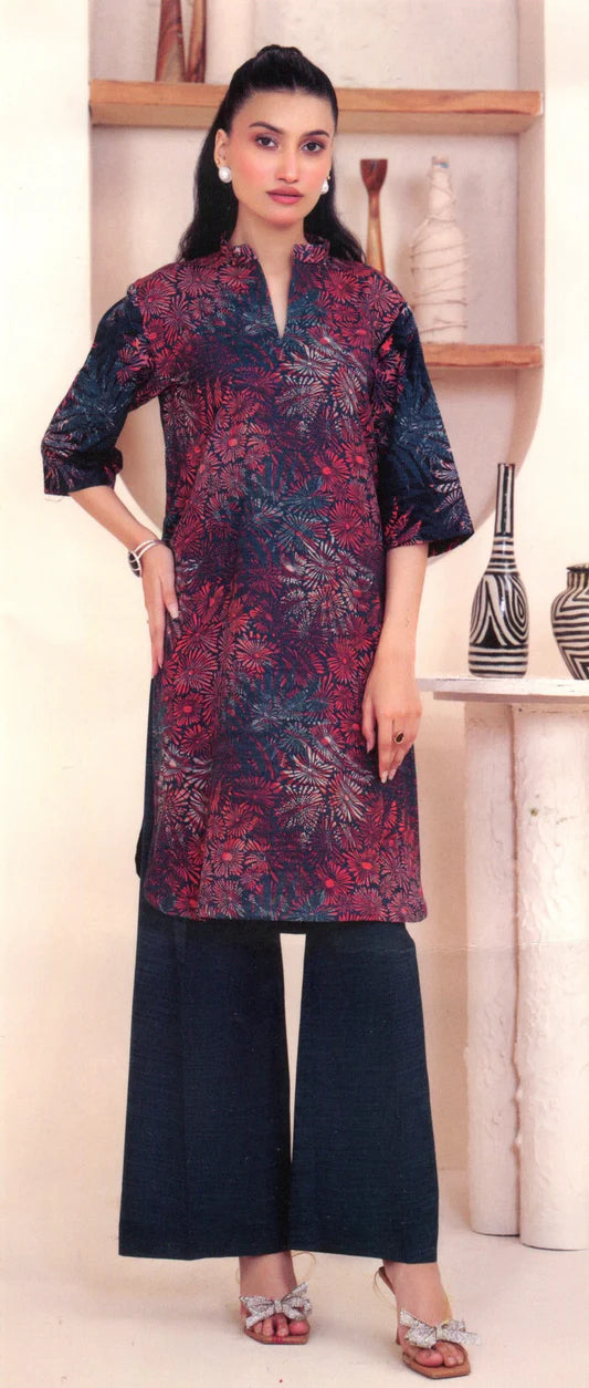 Printed Khaddar 2-Piece Unstitched Suit – Maroon & Navy Blue
